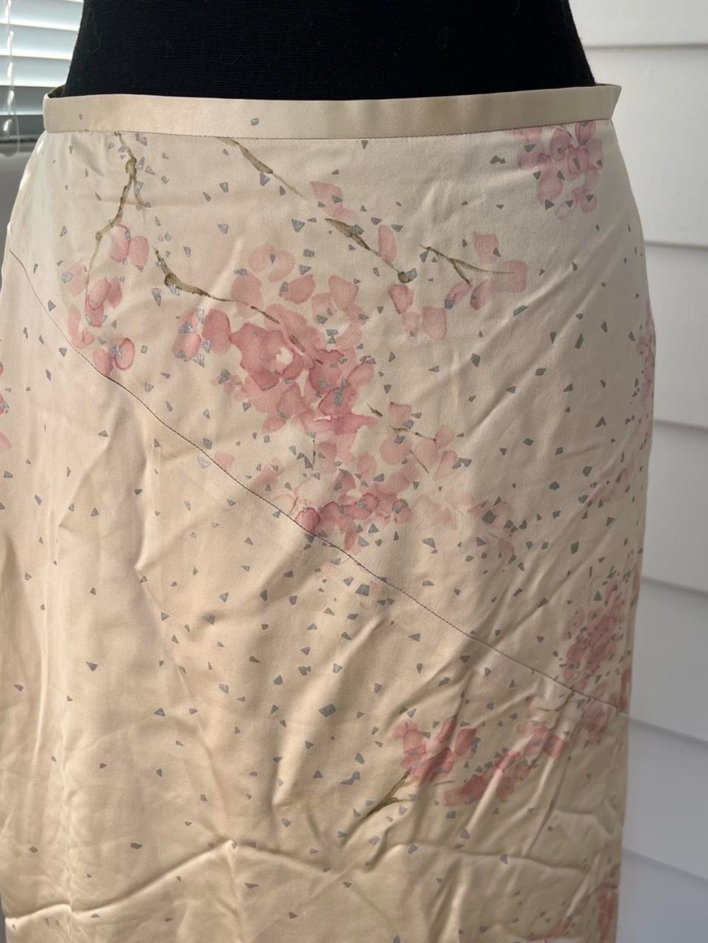 Banana Republic Vintage Silk Cream Midi Skirt with Pink Floral Print
